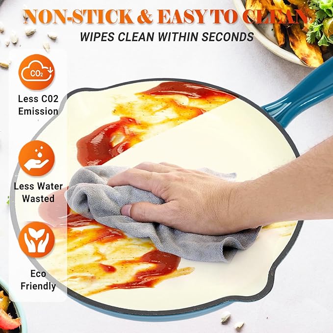 Ceramic Coated Cast Iron Cookware Set, 7-Piece Enameled Dutch Oven and Skillet Set with Lids, Nonstick Pots and Pans Set for Bread Baking, Oven Safe, Induction Compatible, PFAS-Free (Light Cyan)