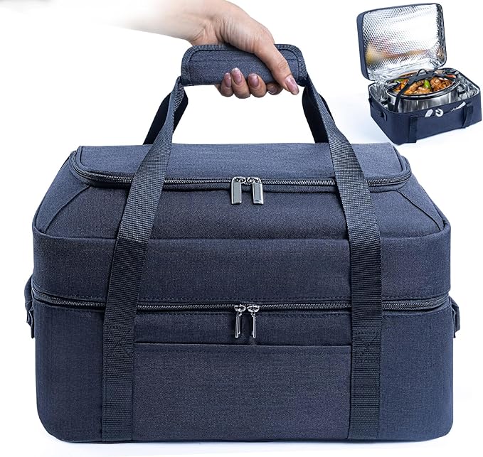 BAGSPRITE Double-Layer Slow Cooker Carrying Bag for 6-8 Quart CrockPot and Hamilton Beach Slow Cooker, Travel Bag with Lid Fastener for Crock-pot, Portable Carrier Case Slow Cooker Bag, Black