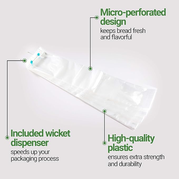 Restaurantware Bag Tek 28 Inch x 6 Inch Bread Bags 250 With Wicket Dispenser Bread Loaf Bags - Micro Perforated Freezer Safe Clear Plastic Baguette Bags Disposable