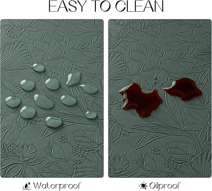 Romanstile Vinyl Placemats Set of 8-12 X 18 Inch - Heat Resistant Non-Slip Embossed Floral Place Mats 100% Waterproof Oilproof Wipeable Faux Leather Table Mats for Kitchen/Dining/Party, Green