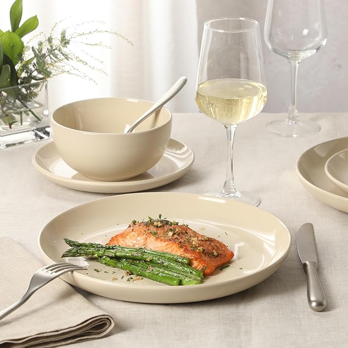 Gibson Home Rockaway 12 Piece Plates and Bowls Matte Glaze Service for 4 Dinnerware Set - Warm Cream - Dishwasher and Microwave Safe