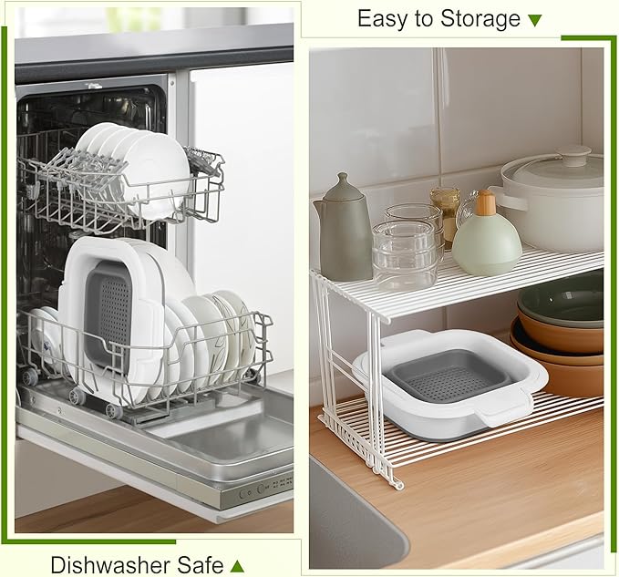 ROTTOGOON Collapsible Colander Set with Strainer Bowl, 2 in 1 Fruit Washing Basket with Strainer, 5 + 3 QT Plastic Colanders for Kitchen, Foldable Double Layered Colanders Bowl for Vegetable, Grey