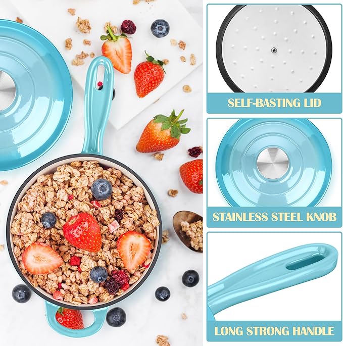 E-far Enameled Cast Iron Sauce Pan with Lid, 1 Quart Dutch Oven Saucepan, Mini Sauce Pot for Cooking, Boiling, Healthy & Non Toxic, Induction & Oven Safe, Light Blue