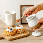 Hasense Ceramic Honey Pot with Lid and Dipper Stick, 12 Ounce HoneyJar Dish for Home Kitchen, Farmhouse Honey Container for Christmas Gift, Dishwasher Safe, White