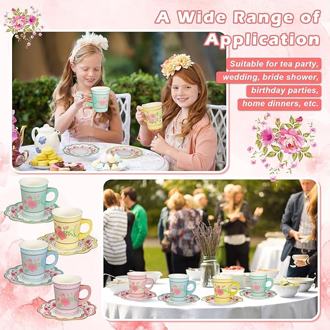 168 Pcs Floral Paper Tea Cups and Saucers Set, Severs Disposable Tea Party Supplies 6 Inch Plate, Saucer, Napkin, Paper Tea Cups with Handle for Tea Party Decorations