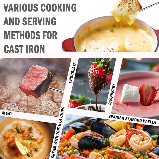 Artestia Cast Iron Cheese Fondue Pot for Chocolate Fondue Pot Swiss Fondue Set for Camping Outdoor with 6 Fondues Forks, 11-Piece Cheese Fondue Sets Serve 6 Persons (Red)