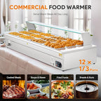 WILPREP 12-Pan Commercial Food Warmer with Sneeze Guard, Twelve 1/3 Pans, 1500W Countertop Electric Steam Table, 86-185°F Adjustable Temp Control, Stainless Steel Buffet Bain Marie