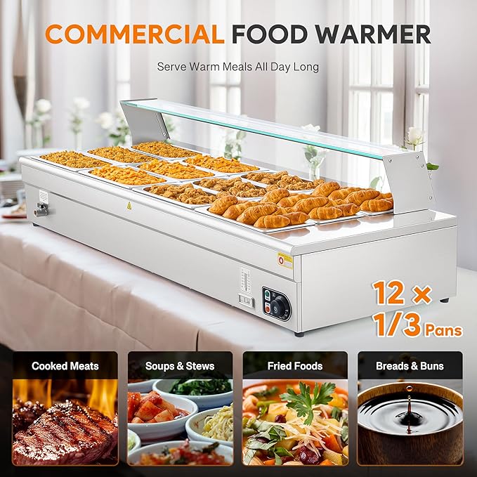WILPREP 12-Pan Commercial Food Warmer with Sneeze Guard, Twelve 1/3 Pans, 1500W Countertop Electric Steam Table, 86-185°F Adjustable Temp Control, Stainless Steel Buffet Bain Marie