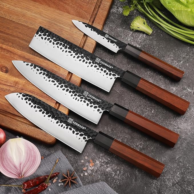 KEEMAKE Kitchen Knife Set 4-pcs - Professioanl Sharp Knife Set with Japanese 440C Stainless Steel Blade with Octagon Rosewood Handle knives Set for Kitchen with G11 Bolster Kitchen Knives