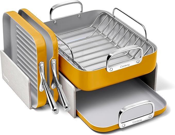 Caraway Square Cookware Set - Square Pans Set - Perfect for Griddling, Toasting, Searing, Roasting, and More - Non-Stick Ceramic Coated Pans - Non Toxic, PTFE & PFOA Free - Marigold