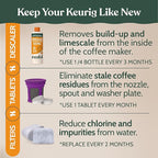 Keurig Compatible Descaling Solution & Cleaning Kit. Includes 1 Bottle of Keurig Descaler, 12 Cleaning Tablets, 1 Reusable Pod and 6 Water Filters. Carbon Neutral. 1 Year Supply.