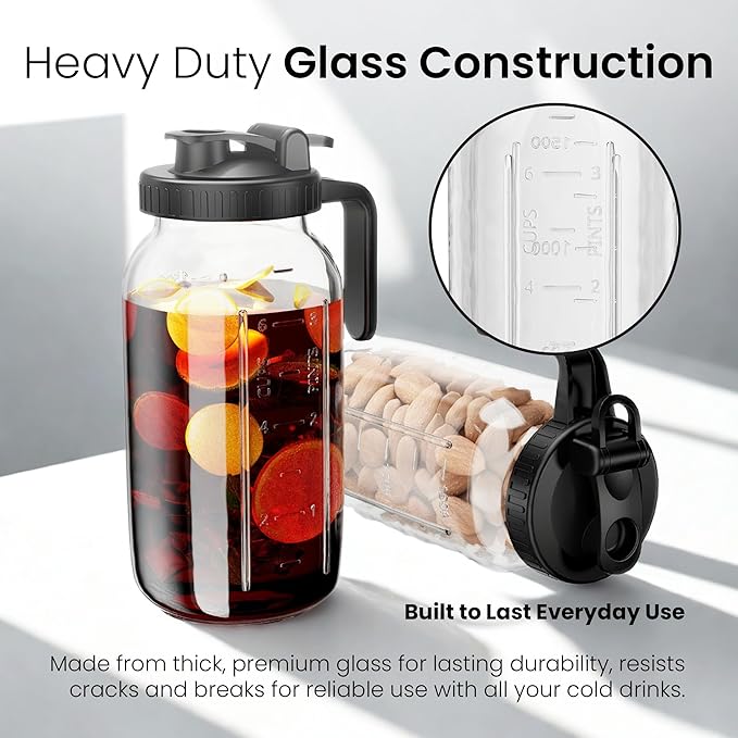 64oz Mason Jar Pitcher - Airtight & Leakproof Glass Pitchers with Handle and Lid, Perfect for Breastmilk, Cold Brew and Sun Tea for Outside,2 Quart Mason Jar with Pour Spout Lid,1/2 Gallon Water Jug