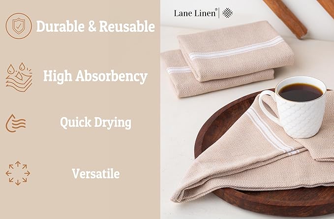 LANE LINEN Kitchen Towels Set - 100% Pure Cotton Dish Towels for Kitchen, Super Absorbent Kitchen Hand Towel, Tea Towels, Soft & Durable Dish Cloths, Pack of 6 – 14”x25”, Beige