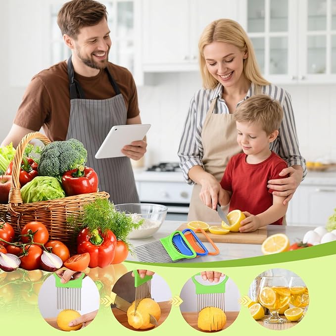FANTEXY 3Pieces Onion Holder for Slicing, Stainless Steel Onion Cutter for Slicing, Potato Lemon Slicer Tomato Slicers Kitchen Comb for Vegetables, Fruit and Meat