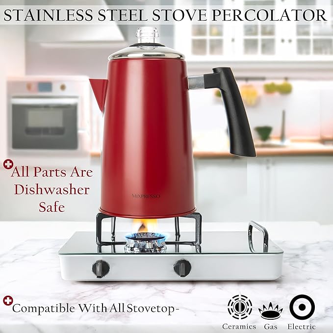Mixpresso Red Stainless Steel Coffee Percolator Stovetop, 52 oz Classic Percolator Coffee Pot, Great For Camping Pot, 12 Cup Stove Top Espresso Maker, Cool-Touch Handle