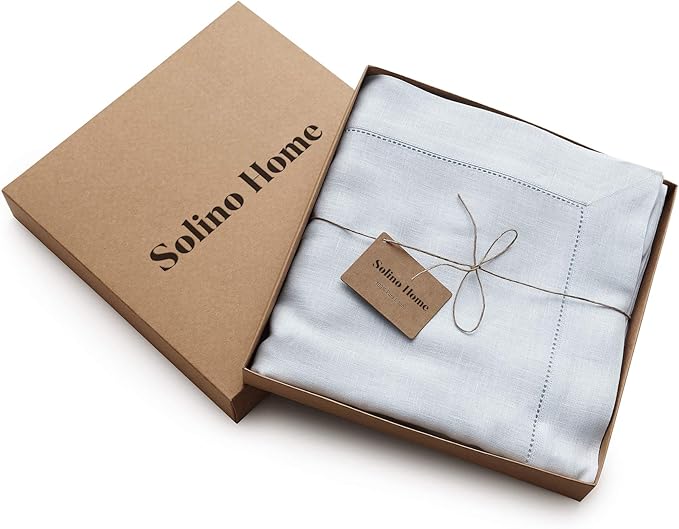 Solino Home Light Blue Linen Tablecloth 60 x 90 Inch - 100% Pure Linen Hemstitch Table Cloth for Rectangle Tables - Classic Hemstitch, Machine Washable Tablecloth for Summer