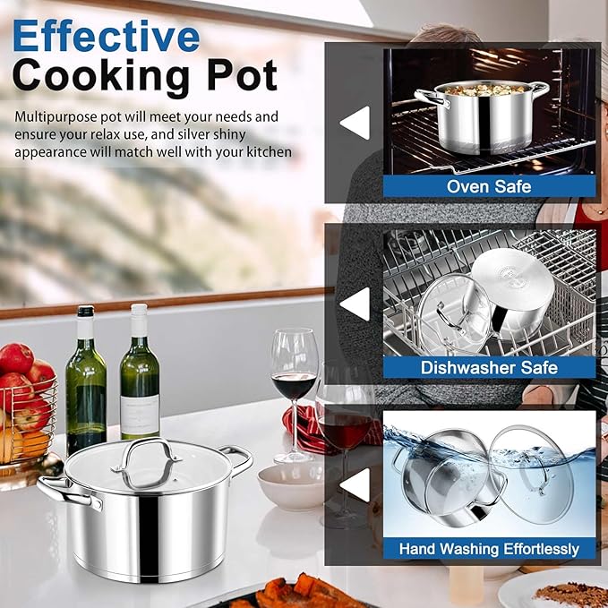 P&P CHEF 4 Quarts Cooking Stock Pot with Lid, Stainless Steel Stockpot Induction Pot for Soup, Tri-Ply Bottom & Clear Glass Lid & Double Handle, Dishwasher Safe