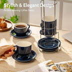 Sweese 8 Ounce Porcelain Stackable Cappuccino Cups with Saucers and Metal Stand - for Specialty Coffee Drinks, Cappuccino, Latte, Americano and Tea - Set of 4, Navy