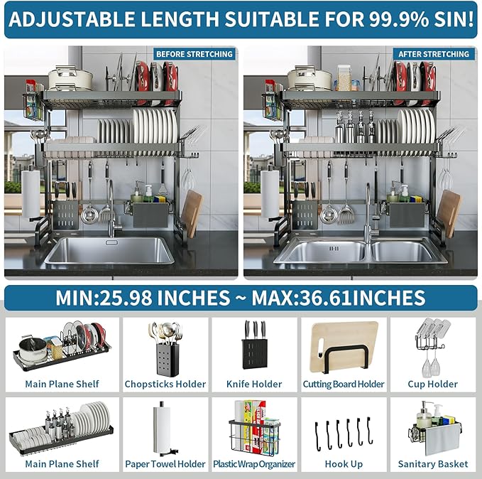 Over The Sink Dish Drying Rack,3 Tier Adjustable Length Full Stainless Steel Large Storage Kitchen Dish Rack,for Kitchen Counter Expandable Multifunctional Organizers,Silver (25.5'' to 37.6'')