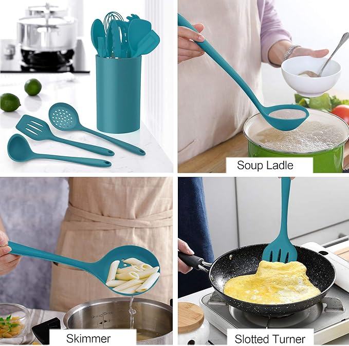 LIANYU 12-Piece Silicone Kitchen Cooking Utensils Set with Holder, Kitchen Tools Include Slotted Spatula Spoon Turner Ladle Tong Whisk, Dishwasher Safe, Dark Blue