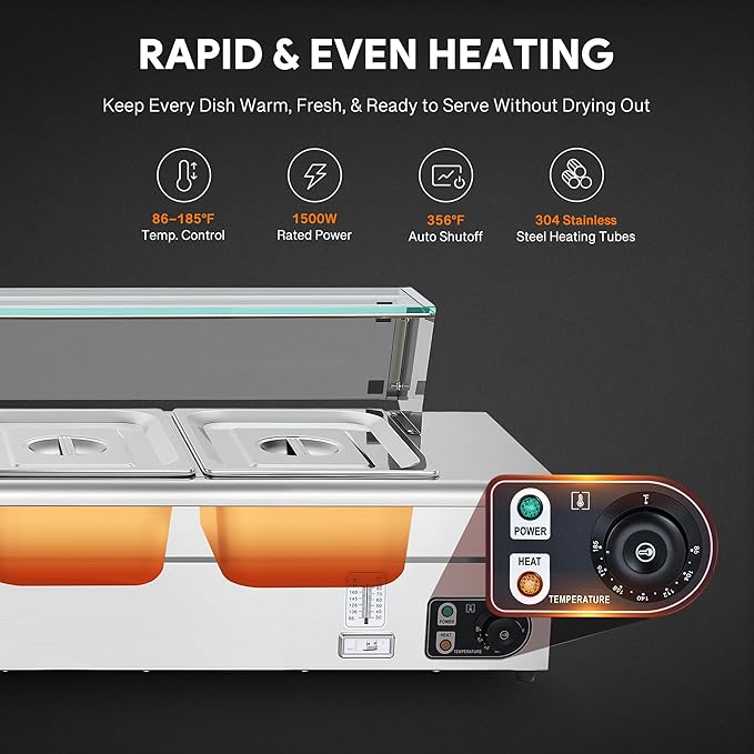 WILPREP 5-Pan Commercial Food Warmer with Sneeze Guard, Five 1/2 Pans, 1500W Countertop Electric Steam Table, 86-185°F Adjustable Temp Control, Stainless Steel Buffet Bain Marie