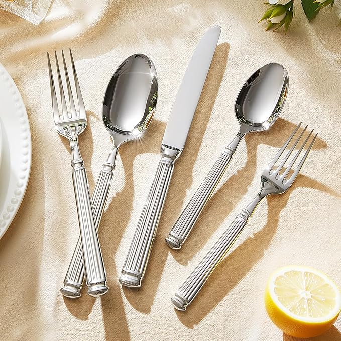 KINGSTONE Silverware Set, 18/10 Stainless Steel Flatware Set - Roman Column Embossed Thick Handle, for Wedding, Home, Restaurant, Camping and Party, Mirror Polish & Dishwasher Safe (5-Piece)