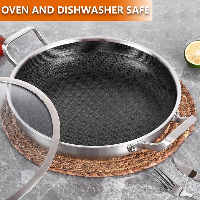 DELARLO Skillet With Lid,Tri-Ply Stainless Steel Pan,12 Inch Non Stick Paella Pan,Skillets And Frying Pans,Nonstick skillet Kitchen Oven Safe Skillet,Heavy Duty Style