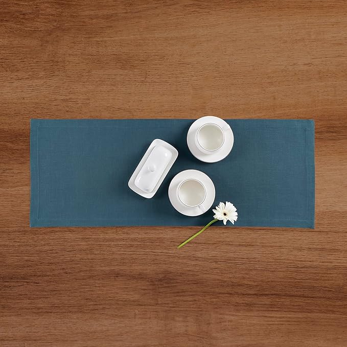 Solino Home Peacock Blue Table Runner 36 Inches - 100% Pure Linen Short Table Runner 14 x 36 Inch Ideal for Dresser and Coffee Tables - Summer - Fete