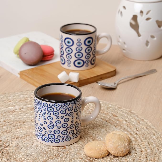 Ceramic Espresso Cups, 5 Oz Espresso Cups Set of 4, Handmade Espresso Cup, 2.75 Inch Espresso Mugs, Multicolor Demitasse Cups, Microwave & Dishwasher Safe Espresso Mugs, Coffe Mug Set (NAZAR CHARM)