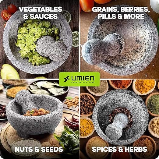 2 Sets Umien™ Granite Mortar and Pestle Set - 100% Granite - 3.5-Cups - 8-Inch – Avocado Tool Included – Natural Stone Molcajete for Spices, Pestos, & Guacamole (Grey) - Stone Grinder - Guacamole