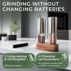 WALDWERK Electric Salt and Pepper Grinder Set (300 mAh Rechargeable Battery) - Salt and Pepper Shakers with Elegant Acacia Wood Stand – Rechargeable Automatic Salt and Pepper Grinder Set