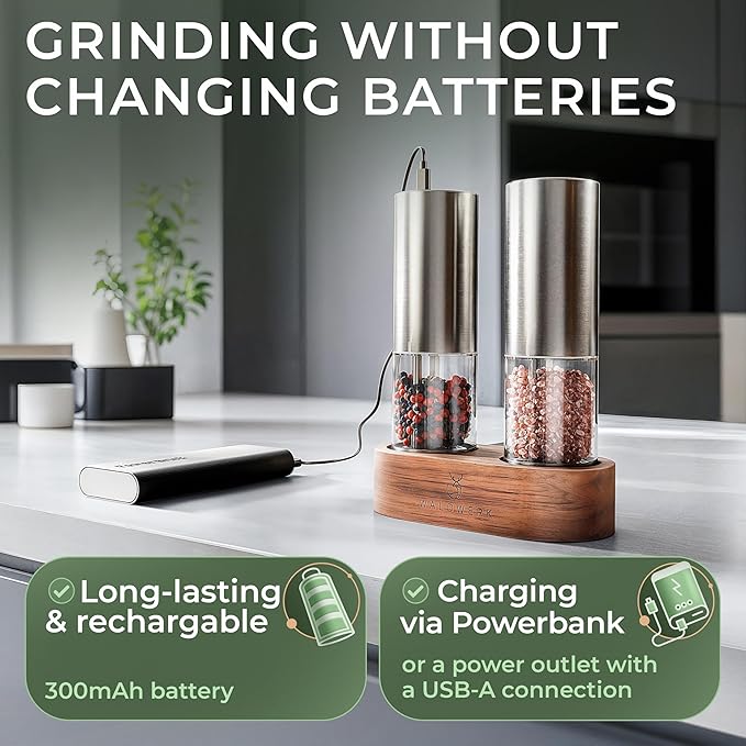 WALDWERK Electric Salt and Pepper Grinder Set (300 mAh Rechargeable Battery) - Salt and Pepper Shakers with Elegant Acacia Wood Stand – Rechargeable Automatic Salt and Pepper Grinder Set