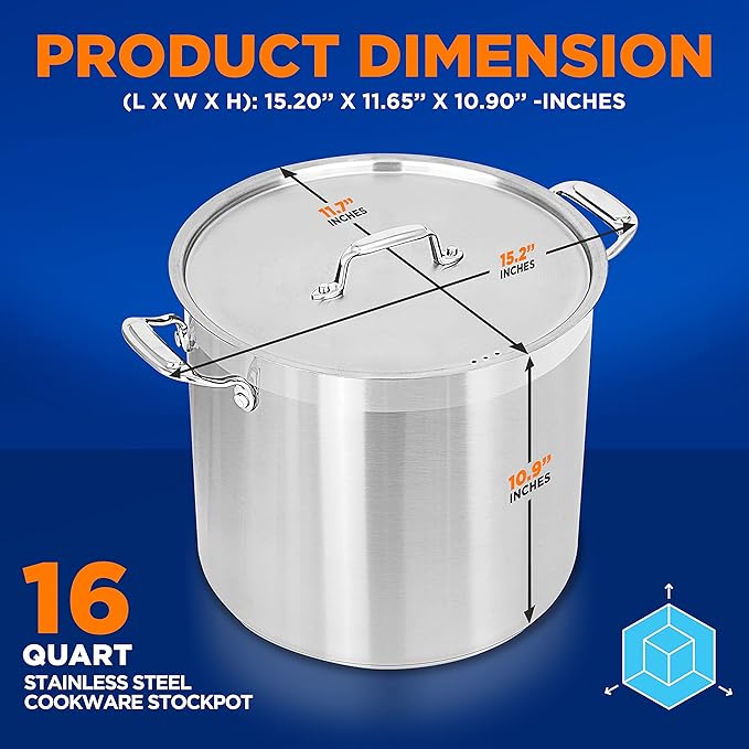 NutriChef 16-Quart Stainless Steel Stockpot - 18/8 Food Grade Heavy Duty Large Stock Pot for Stew, Simmering, Soup, Includes Lid, Dishwasher Safe, Works w/Induction, Ceramic & Halogen Cooktops