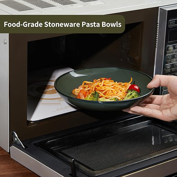 Pasta Bowls Set of 4, Reactive Glaze Salad Bowl 30 oz, Microwave & Dishwasher Safe, Large Wide Serving Bowls for Fruit/Soup/Noodle/Dessert, Blackish Green