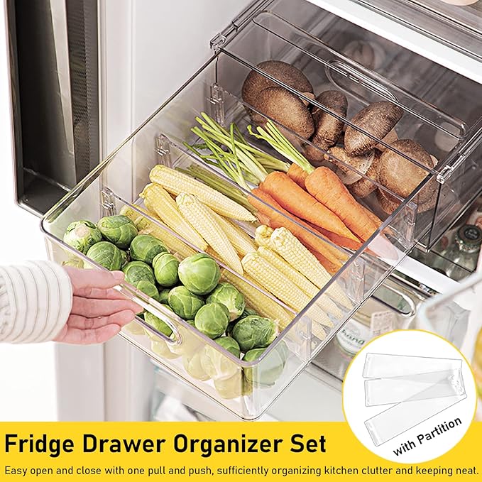 2 Pack Refrigerator Organizer Bins Stackable Fridge Organizer Set with Pull-out Drawer Clear Vegetable Fruit Storage Containers for Kitchen Pantry Organization
