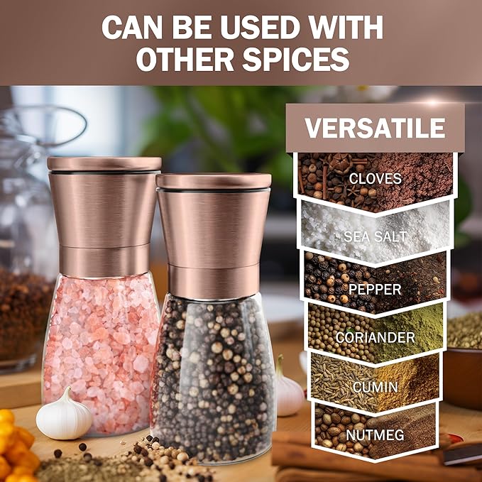 Home EC Original Copper Salt and Pepper Grinder Set of 2 - Adjustable Ceramic Grinder - Glass Salt and Pepper Shakers With Funnel and Ebook - Kitchen Spice Mill - Copper Kitchen Accessories