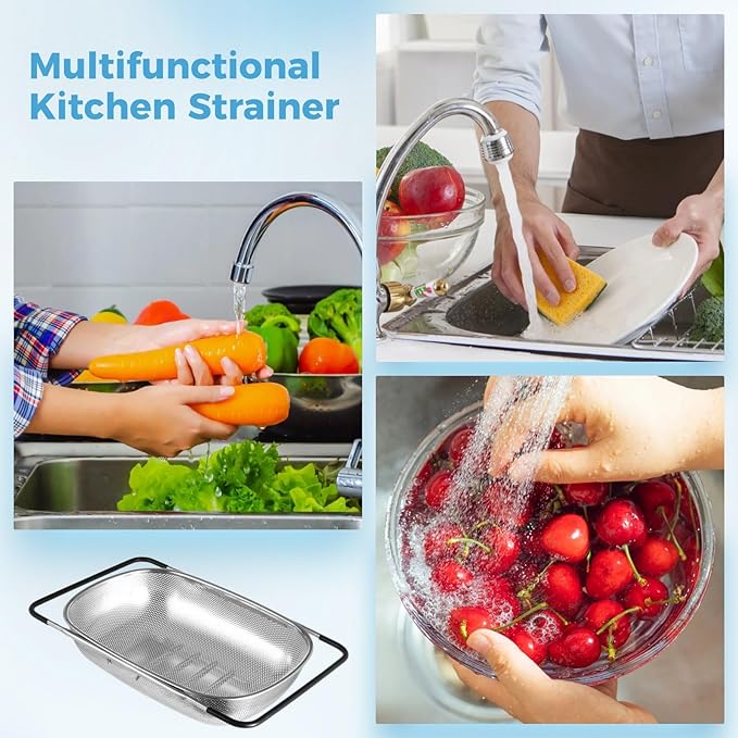 2 Pcs Over the Sink Colander, Strainers and Colanders for Kitchen Sink Strainer Basket with Expandable Handles Stainless Steel Strainer,Pasta Vegetable Food Fruit Strainer
