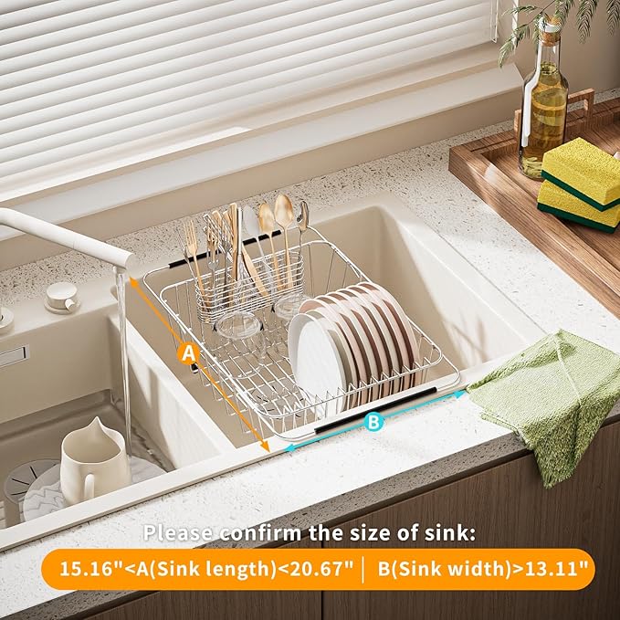 JAQ Dish Drying Rack in-Sink, 304 Stainless Steel Dish Drainer with Stainless Steel Silverware Holder Over Inside Sink-Adjustable 15.16" to 20.59" Maximium 13 Upright Dishes