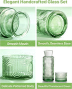 Bedside Water Carafe and Glass Set, Mouthwash Dispenser for Bathroom, 21.6 Oz Glass Water Bottles with 6 Oz Drinking Cup as Lid, Water Pitcher for Nightstand, Kitchen (Green)