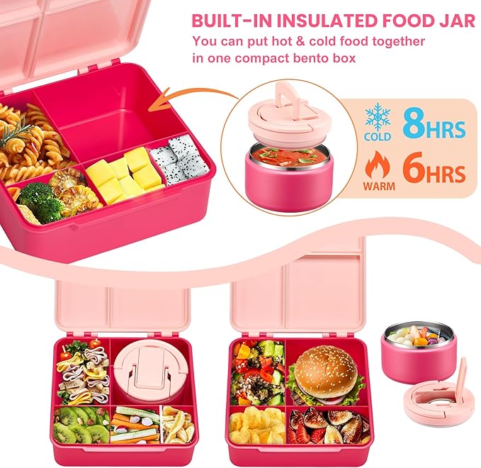 Bento Lunch Box with 8oz Soup Thermo,Kids Leakproof 4 Compartment Lunch Food Containers with Sauce Cup and Ice Pack,Kids Thermo Insulated Hot Food Jar and Lunch Bag for School,Trvael-Pink