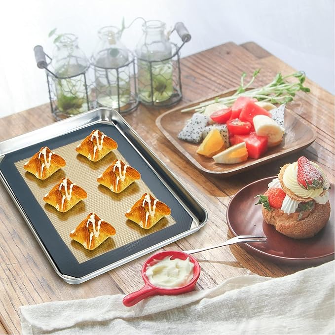 Baking Sheet with Silicone Mat Set of 4, Stainless Steel Cookie Sheet Baking Pan Tray with Silicone Mat, Non Toxic & Heavy Duty & Easy Clean - Size of 12 inch