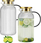 2 PACK Glass Pitcher with Lid,68 oz/ 2 Liter Vertical Stripes Water Pitcher With Black Handle,Glass Water Carafe for Cold Brew,Coffee, Lemonade, Iced Sun Tea,Beverage, Milk Heat Resistant
