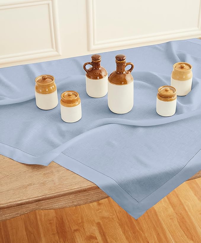 Solino Home Square Linen Tablecloth 52 x 52 Inch - 100% Pure Linen Sky Blue Table Throw - Classic Hemstitch, Machine Washable Table Cloth for Summer