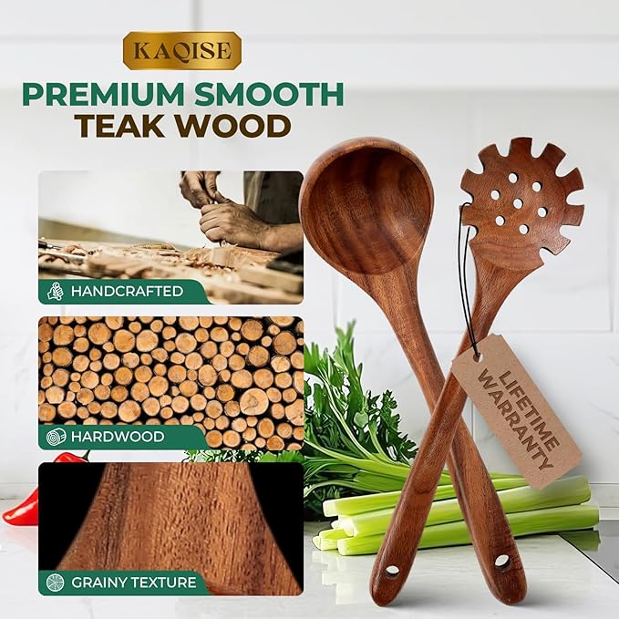 Wooden Spoons for Cooking, Teak Wooden Utensil Set, 2Pcs Kitchen Utensils, Large Cooking Spoons for Soup and Pasta Serving Mixing (Ladle & Pasta Scoop Strainer)