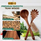 Wooden Spoons for Cooking, Teak Wooden Utensil Set, 2Pcs Kitchen Utensils, Large Cooking Spoons for Soup and Pasta Serving Mixing (Ladle & Pasta Scoop Strainer)
