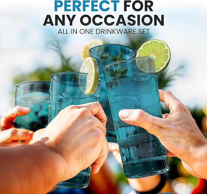 Zulay Kitchen Acrylic Glasses Drinkware - 8 Piece Unbreakable Plastic Tumblers - BPA-Free, Reusable Plastic Drinking Glasses for Home & Outdoors - Lead-Free & Dishwasher Safe - Turquoise - (12&16oz)