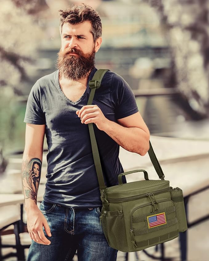 TACTICISM Tactical Lunch Box for Men, 12L MOLLE Lunch Bag Adult, Up to 8 Hours Insulated Lunchbox, Large Durable Leakproof Cooler with Detachable Water Bottle Pouch, for Work Camping Fishing, Green