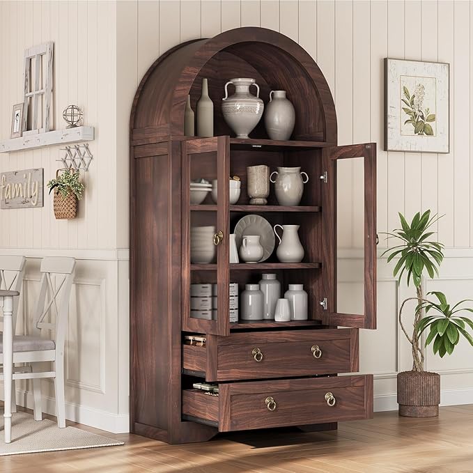 Kitchen Pantry Cabinet, Arched Bookshelf Bookcase China Pantry Storage Cabinet with Drawers Doors and Shelves,71“ Tall Food Pantry Funiture for Living Room,Dining Room (Walnut)
