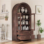 Kitchen Pantry Cabinet, Arched Bookshelf Bookcase China Pantry Storage Cabinet with Drawers Doors and Shelves,71“ Tall Food Pantry Funiture for Living Room,Dining Room (Walnut)