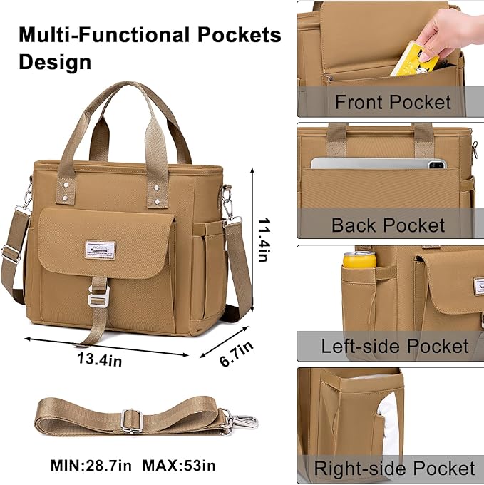 Weitars Insulated Lunch Bag for Men Women,Leak Proof Lunch Box for Work,Extra Large Lunch Tote Bag With Removable Shoulder Strap with Side Pockets,Reusable Lunch Bag For Picnic Hiking (Kakhi)